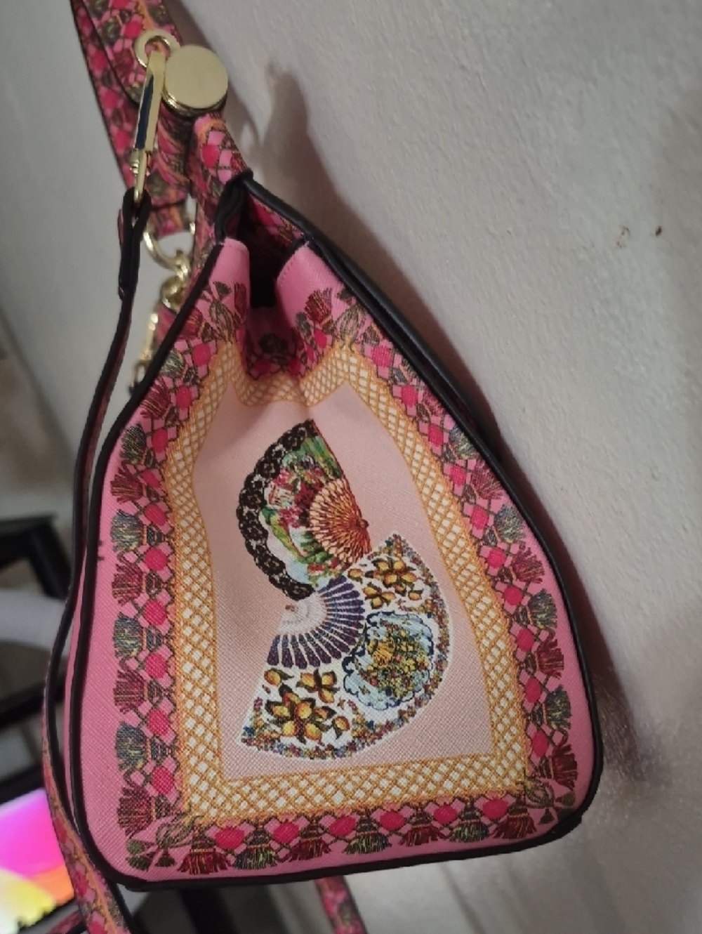 Pink Fan-Embellished Top-Handle Satchel - Picture 3 of 9